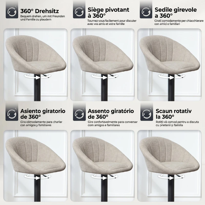 HOMCOM Set 2 Scaune de Bar cu Înălțime Reglabilă, Șezut Rotativ din Material Textil și Suport pentru Picioare, Bej