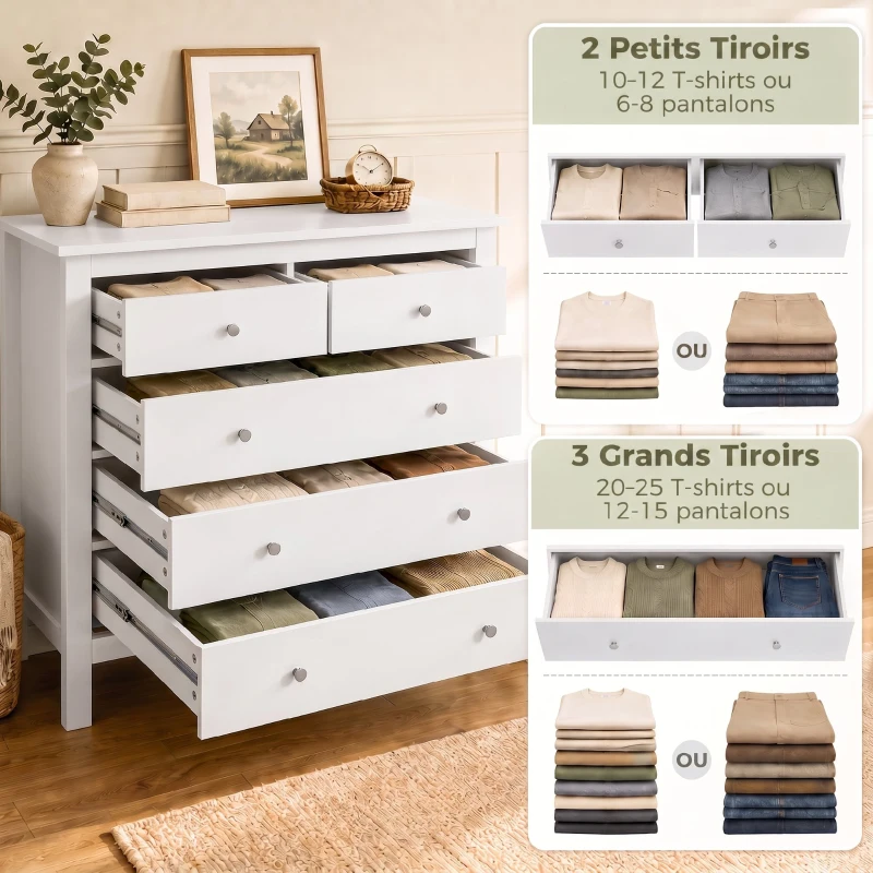 HOMCOM Commode à 5 tiroirs, meuble de rangement, avec poignées, glissières métalliques,  en bois, 79l x 39,5P x 80,5H cm, blanc