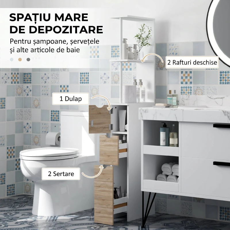 HOMCOM Coloană Pentru Baie cu Dulap, Rafturi și Sertare din Lemn, Lemn Natural