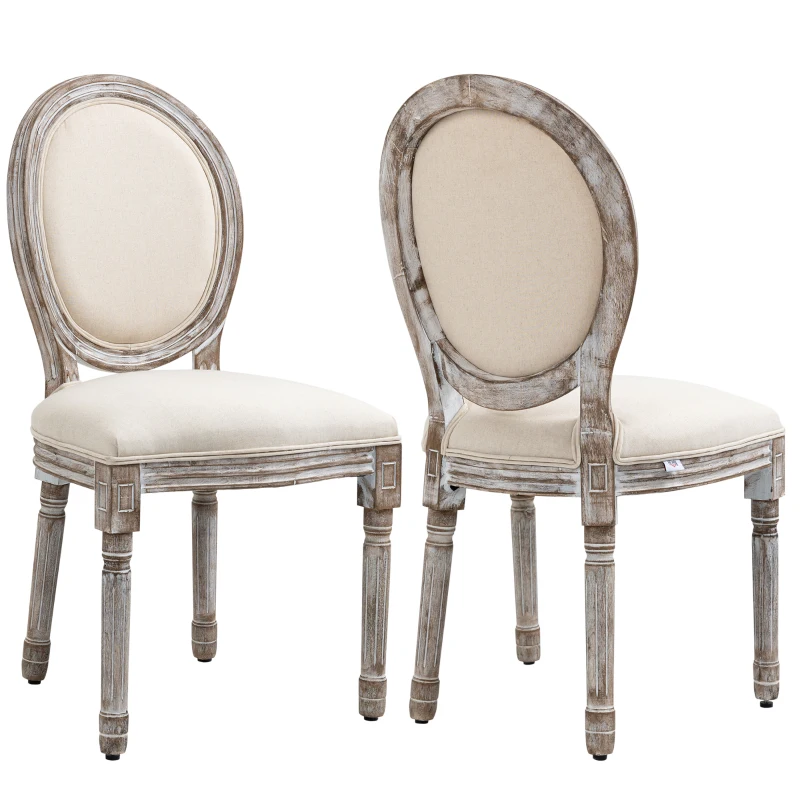 HOMCOM Set 2 Scaune Clasice pentru Masă de Dining din Lemn cu Tapițerie din Material Textil, Crem