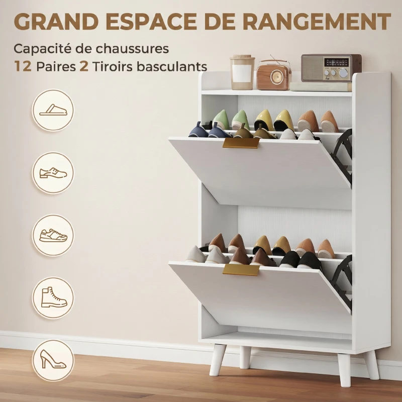 HOMCOM Meuble à chaussures 12 paires, armoire à chaussures étroite avec 2 tiroirs rabattables, étagères réglables, blanc