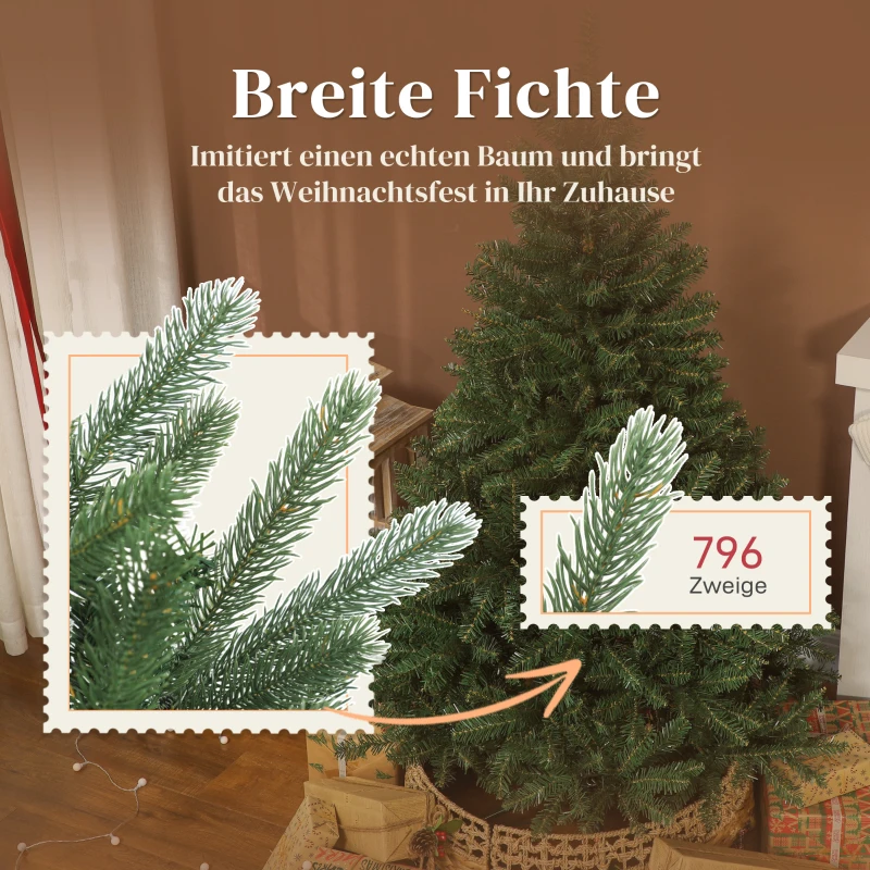 HOMCOM Künstlicher Weihnachtsbaum, 180 cm, dichte Zweige, realistisches Aussehen, flammenhemmend, Kunststoff, Metall, Grün