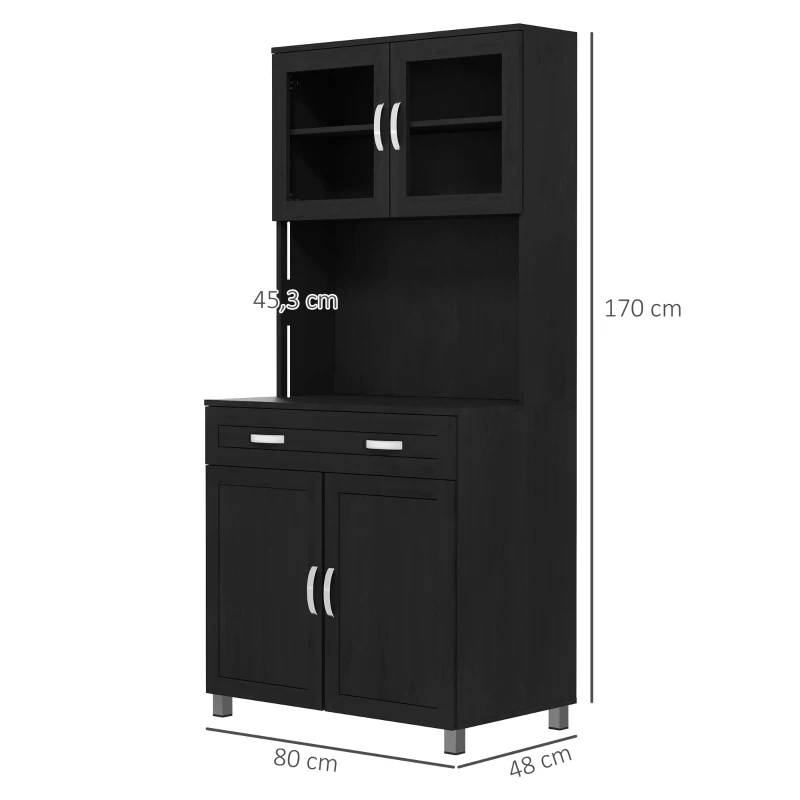 HOMCOM Buffet haut cuisine, armoire de cuisine avec 4 portes, tiroir, plan de travail, étagères réglables, 80x48x170cm, noir