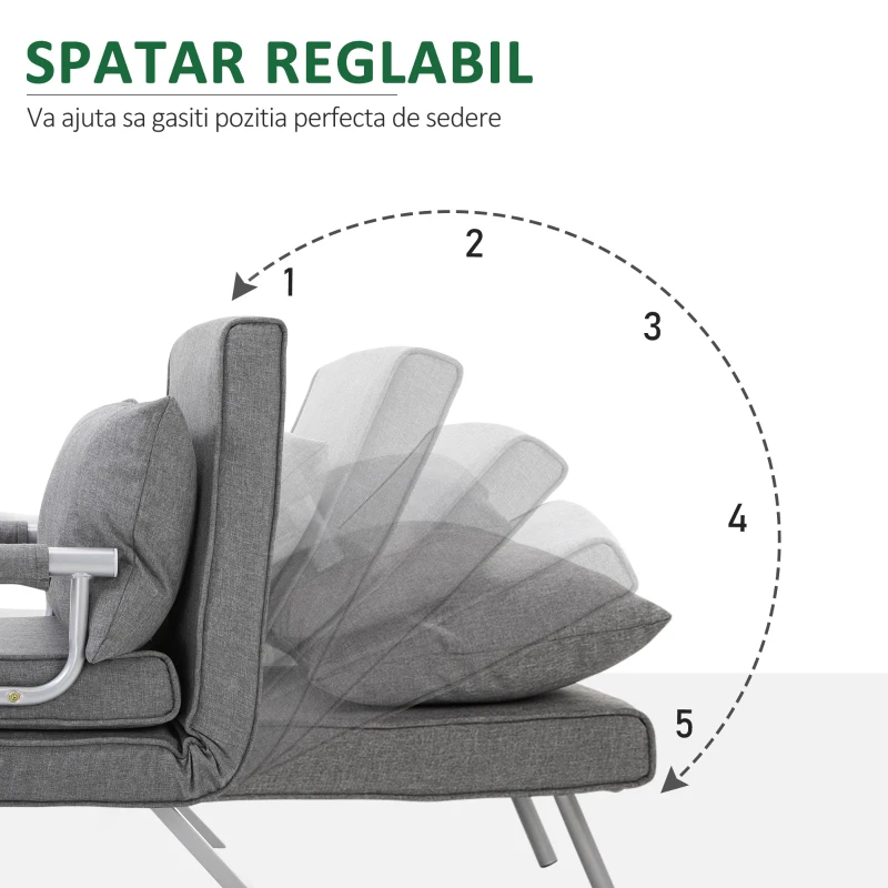 HOMCOM Fotoliu Pat Single cu Spătar Reglabil pe 5 Nivele și Pernă, din Material Textil, Gri Deschis