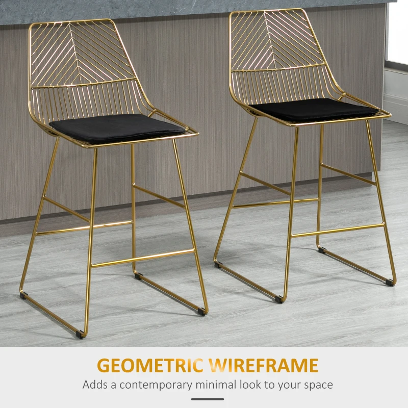 HOMCOM Set of 2 Bar Stools, Modern Counter Height Breakfast Bar Chairs with Wire Metal Frame for Kitchen, Dining Room, Gold