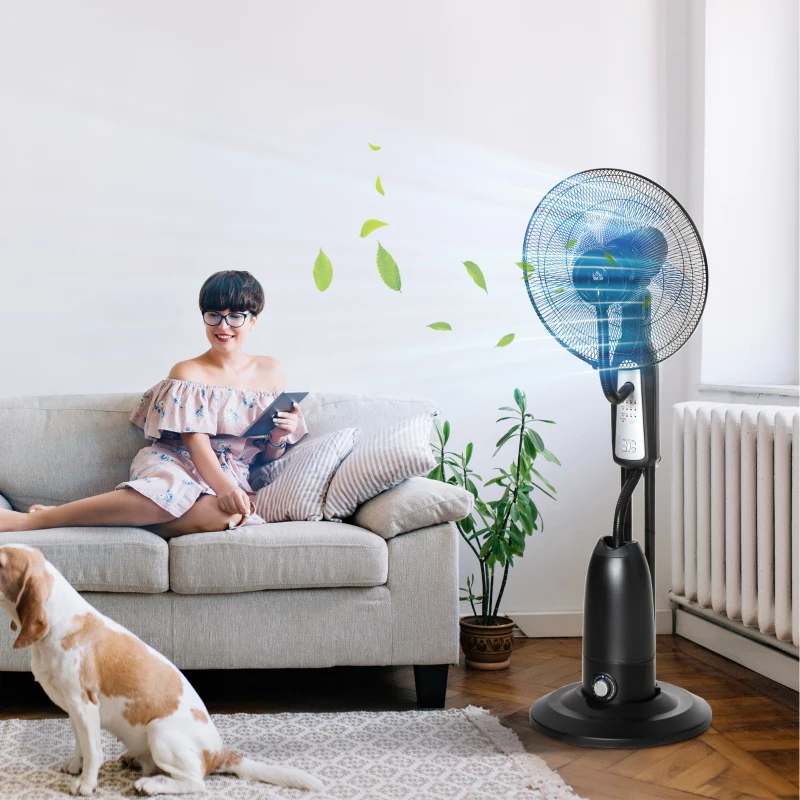 HOMCOM Ventilador Nebulizador Ventilador con Agua Oscilante 90W Control Remoto 3 Modos 3 Velocidades Temporizador Ø44,5x120 cm Negro