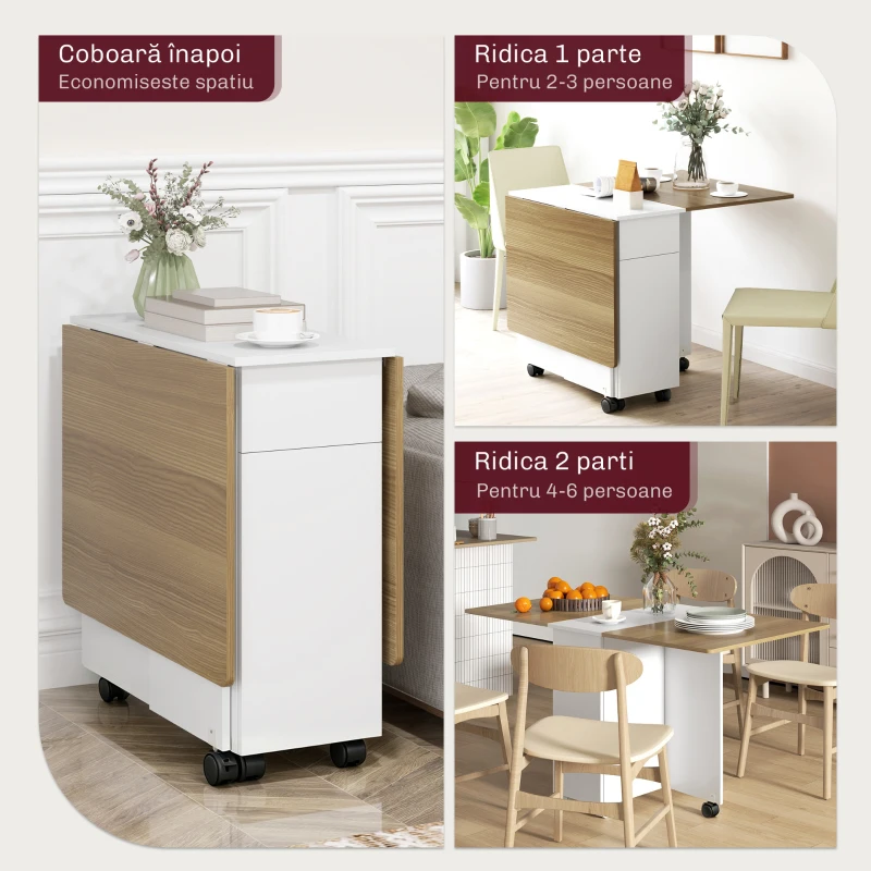 HOMCOM Masă dreptunghiulară extensibilă cu 2 sertare și un dulap din lemn, 140x76x74 cm, alb și lemn natural