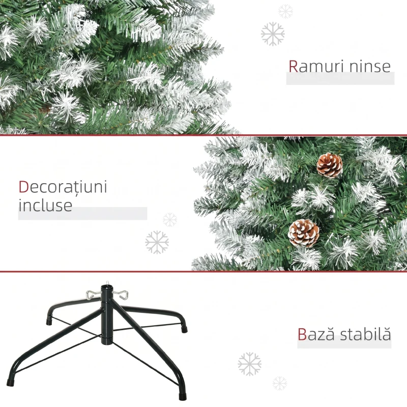 HOMCOM Brad de Crăciun Înzăpezit de 180 cm cu 630 de Ramuri și 37 de Conuri, din Plastic și Metal, Verde și Alb