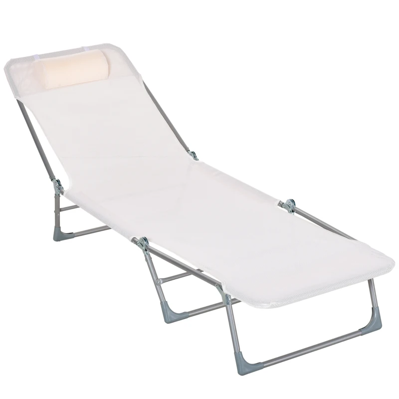 Outsunny Șezlong Pliabil cu Spătar Reglabil în 5 Poziții și Pernă, Șezlong de Grădină cu Material Textil Respirabil, pentru Plajă, Piscină, Grădină, 182x56x28 cm, Crem