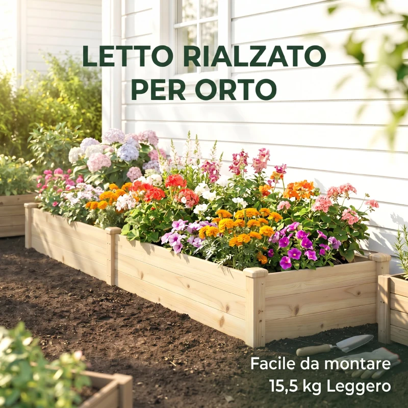 Outsunny Letto per Orto Rialzato in Legno di Abete con Fondo Aperto e 2 Sezioni Separate, 244x61,5x27cm