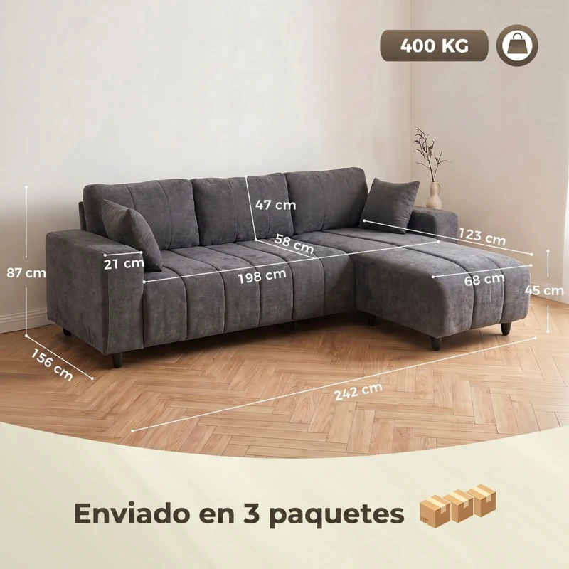 HOMCOM Sofá Esquinero Modular 242 cm 3 Plazas en L con Chaise Longue Reversible 2 Cojines Tejido Efecto Lino Gris