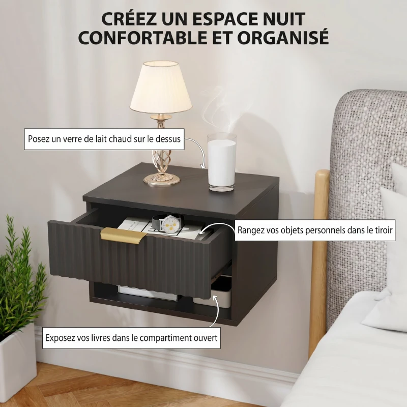 HOMCOM Lot de 2 tables de chevet suspendues, tables de nuit murales avec tiroir et niche, moderne, 40x34x29cm, noir
