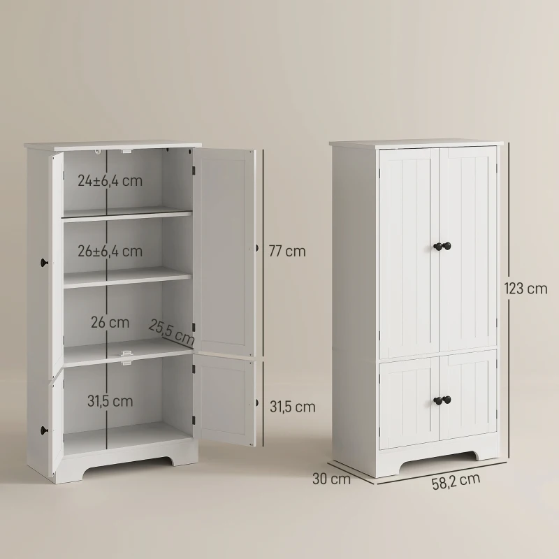 HOMCOM Mobile Credenza da Cucina a 4 Ante con 2 Armadietti e Ripiano Regolabile, 58.2x30x123 cm, Bianco