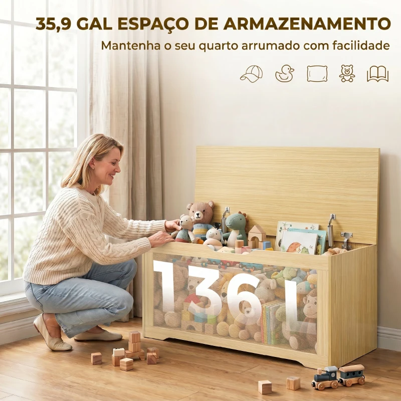 HOMCOM Baú de Arrumação 136L com Painel de Ratã e Tampa com Braços de Apoio, 100x40x45 cm, Carvalho