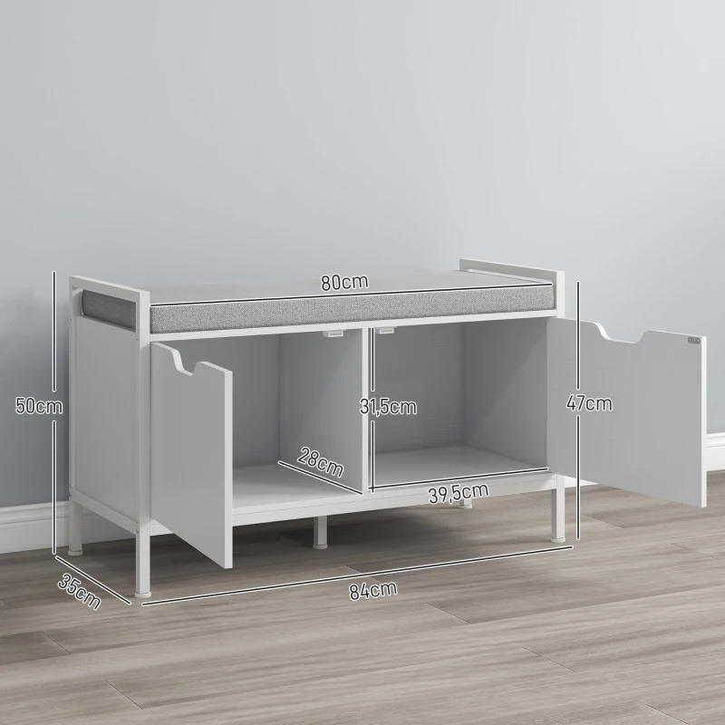 HOMCOM Panca Scarpiera a 2 Armadietti con Cuscino, in Tessuto Effetto Lino, Legno e Acciaio, 84x35x50 cm, Bianco