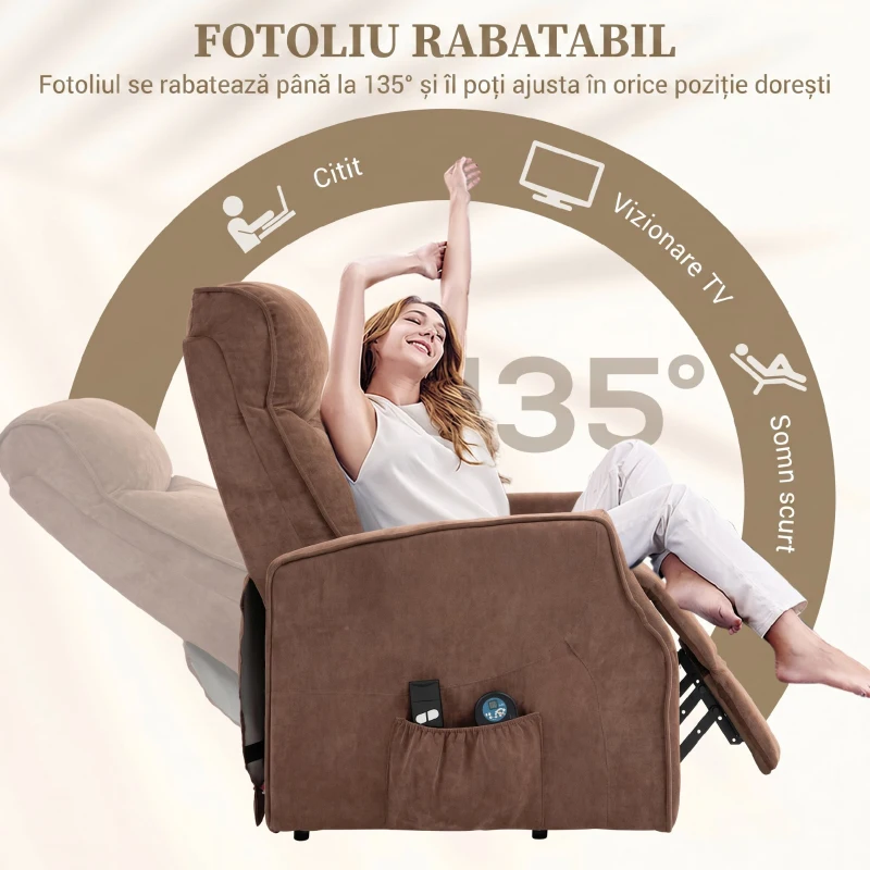HOMCOM Fotoliu Relax Electric cu Funcție de Ridicare, 8 Puncte de Masaj, Reclinabil până la 135° cu 2 Telecomenzi, Maro