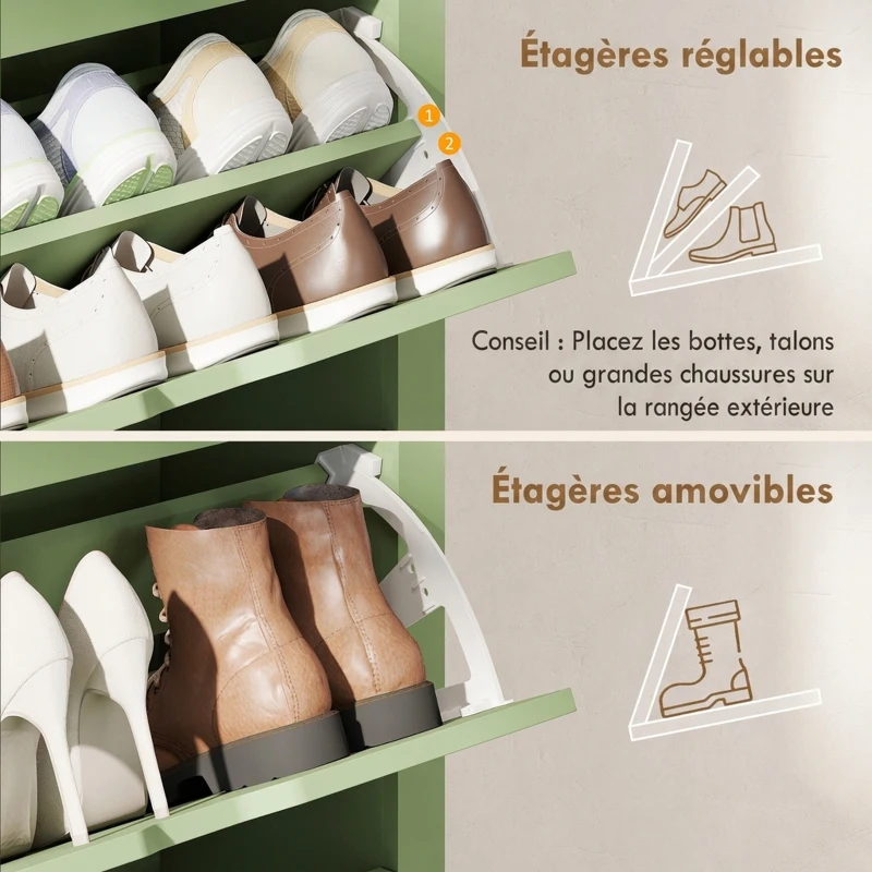 HOMCOM Meuble à Chaussures 18 Paires, Armoire à Chaussures à Haute Brillance, 3 Tiroirs Rabattables, Étagères Réglables, Vert