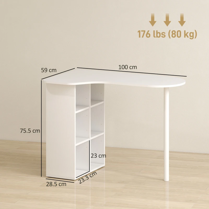 HOMCOM Birou pentru Cameră cu Blat Curbat, 6 Rafturi și 4 Polițe Reglabile, din Oțel și Lemn, 100x59x75,5 cm, Alb