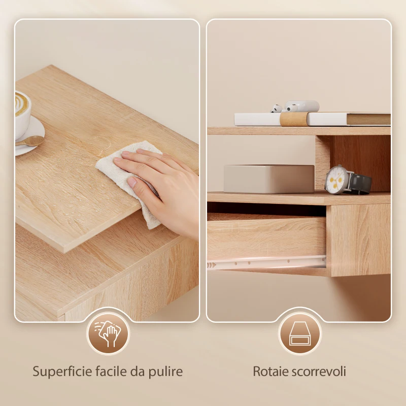 HOMCOM Set di 2 Comodini Sospesi con Cassetto e Mensola Aperta, 35x32x22.5 cm, Rovere