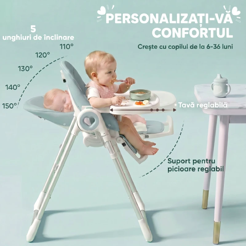 AIYAPLAY Scaun de Masă Pliabil pentru Copii 6-36 Luni cu Înălțime Reglabilă, Tăviță Dublă Lavabilă, Roți, Verde