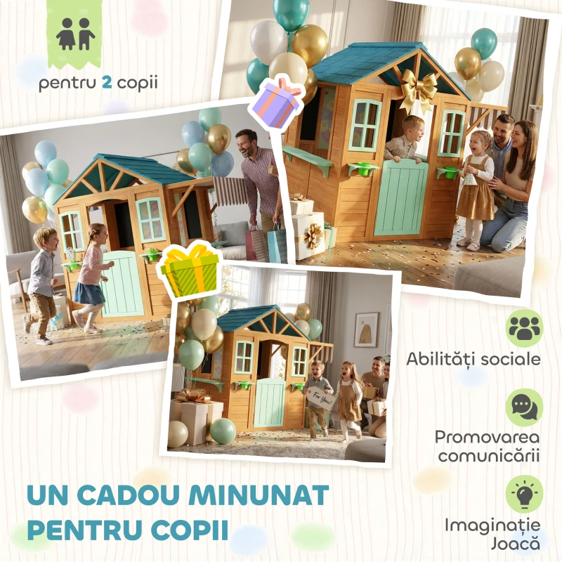 AIYAPLAY Căsuță de Joacă de Exterior cu Bar pentru Gustări, Ușă Pe Jumătate, Ferestre, Suporturi pentru Ghivece, Tablă de Desen, Tablă de Țintă, 4 Bile