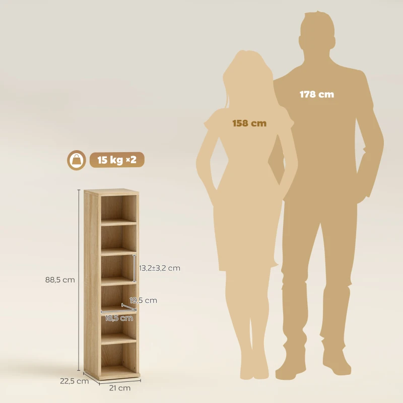 HOMCOM Set de 2 Estanterías para CDs y DVDs con 12 Compartimentos Estantes Ajustables 21x22,5x88,5 cm Roble