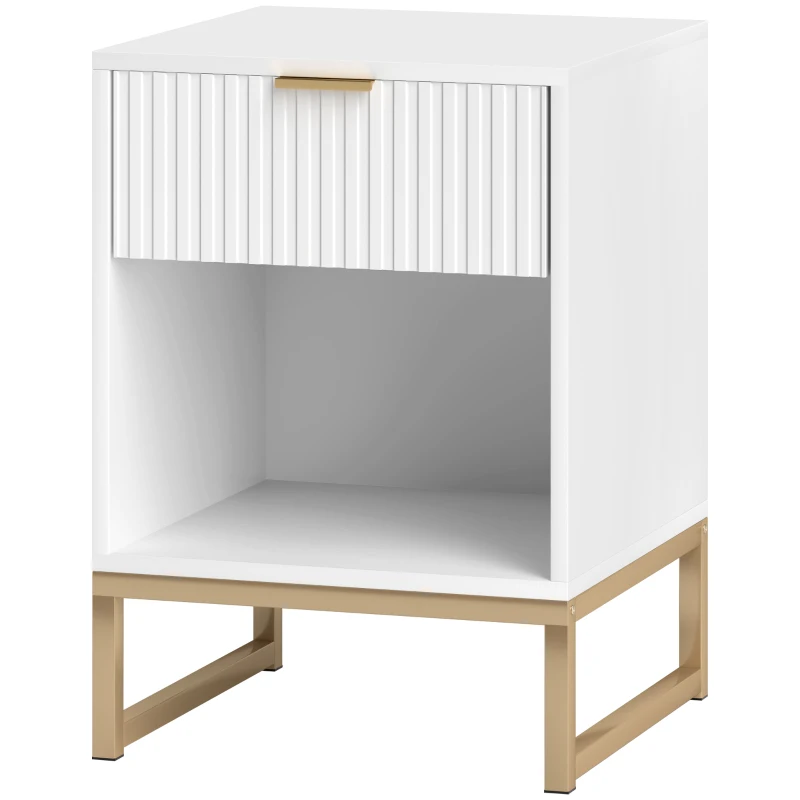 HOMCOM Nachttisch mit Schublade und Regal, Stauraum und Metallbeinen, für Schlafzimmer, Wohnzimmer, Weiß