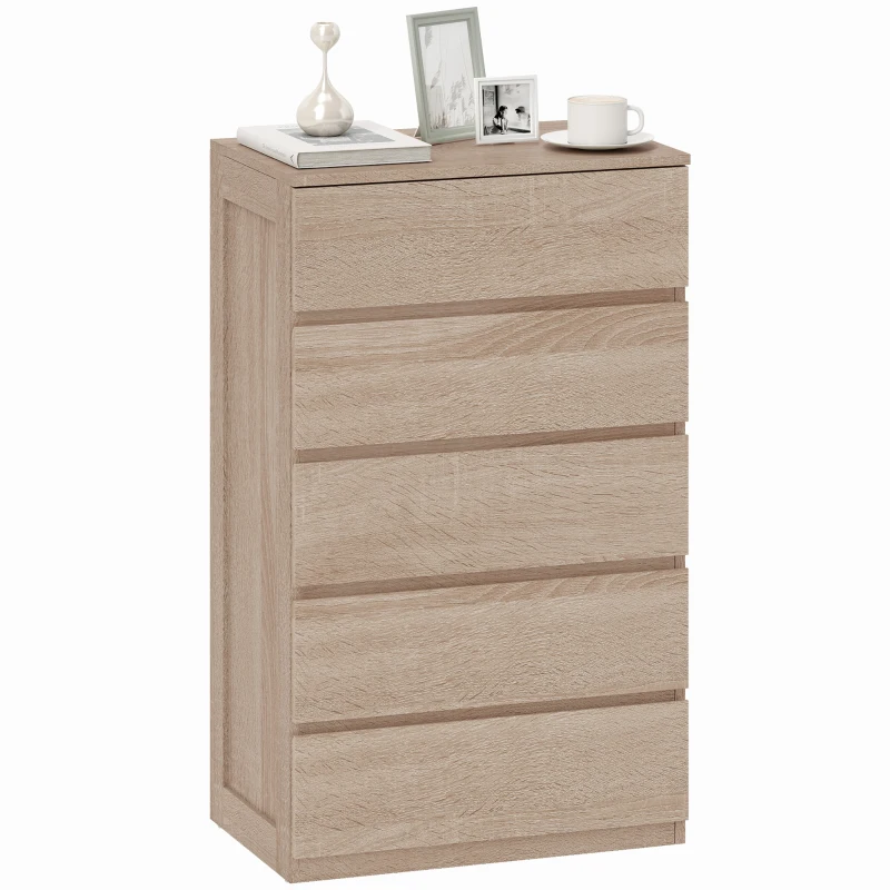 HOMCOM Comodă cu 5 Sertare din Lemn cu Ghidaje Metalice și Mânere Canelate, 60x39x100 cm, Lemn Natural