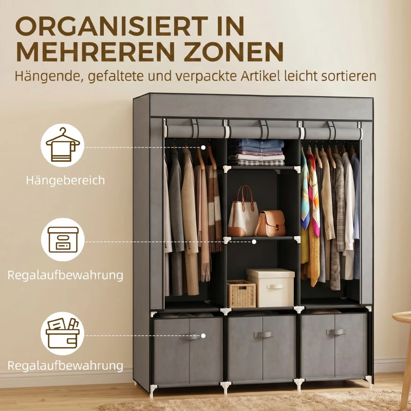 HOMCOM Stoffschrank aus Vlies, Faltschrank, inkl. 3 Schubladen, 125 cm x 43 cm x 162,5 cm, Grau
