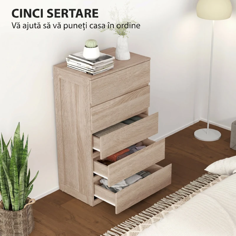 HOMCOM Comodă cu 5 Sertare din Lemn cu Ghidaje Metalice și Mânere Canelate, 60x39x100 cm, Lemn Natural