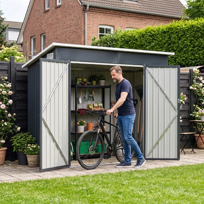 Outsunny Metalen berging 2,68 m², afsluitbare schuur met 3 deuren, ventilatie, schuindak, handschoenen