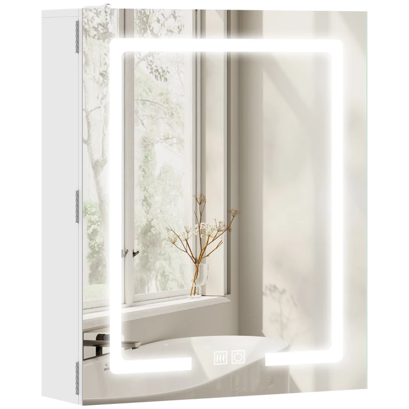 HOMCOM Dulap Baie cu Oglindă LED, 50x15x60 cm Mobilă Baie cu Funcție Anti-Aburire, Rafturi Reglabile, 3 Temperaturi de Lumină Dimmabile, Dulap Montat pe Perete din Sticlă, Alb