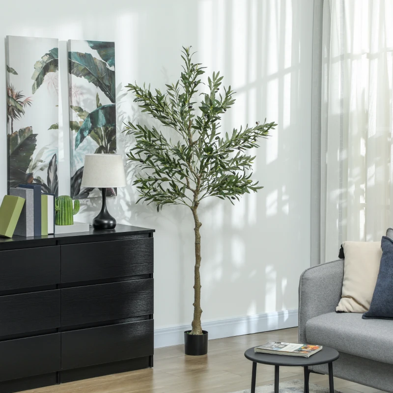 HOMCOM Pianta Artificiale di Olivo Alta 180 cm, Albero Finto con 900 Foglie e 40 Olive, Vaso Incluso