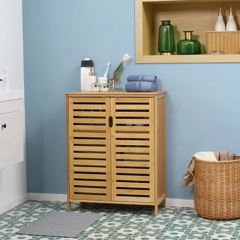 kleankin Badezimmerschrank, Bambusschrank mit Lamellendesign für Badezimmer, Flur, kompakte Größe, viel Stauraum, Naturholz(m-10)