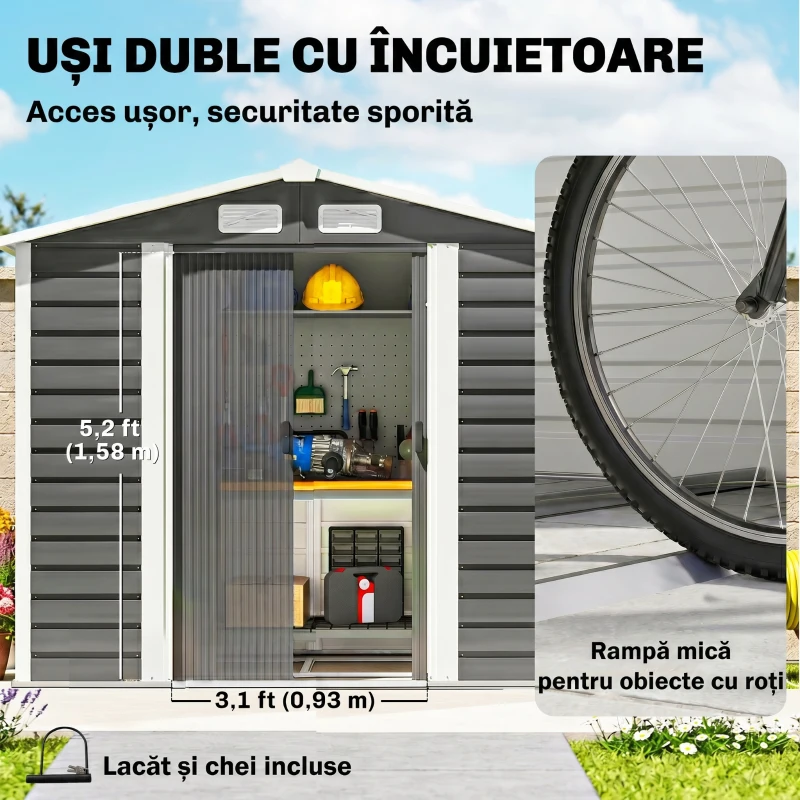 Outsunny Căsuță de Grădină din Metal cu Uși Glisante și Lacăt cu Chei, 2.1x1.2x1.9m, Gri Închis(m-6)