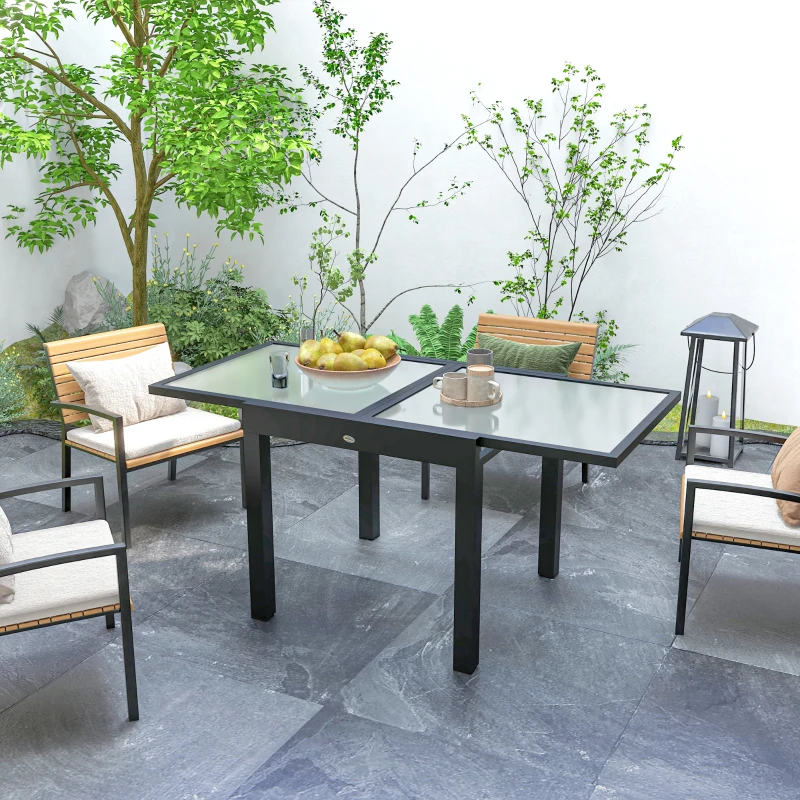 Outsunny Extending Garden Table, Outdoor Dining Table with Aluminium Frame and Tempered Glass Tabletop, 80/160 x 80 x 75 cm, Black and Clear
