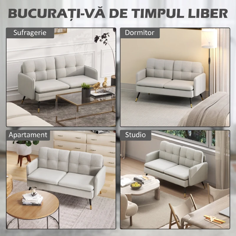 HOMCOM Divano 2 Posti in Tessuto Effetto Lino con Gambe in Acciaio e Cuscini Imbottiti, 139x68x80 cm, Bianco Crema