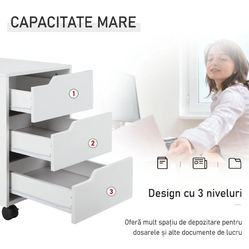 HOMCOM Comodă de birou cu 3 sertare și mânere ascunse, din lemn și metal, 40x50x57.5 cm, alb