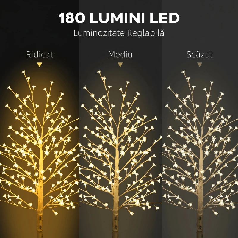 HOMCOM Pom decorativ luminos de mesteacăn cu 180 de lumini LED, înalt de 180 cm, cu 3 niveluri de luminozitate, pentru interior și exterior, alb