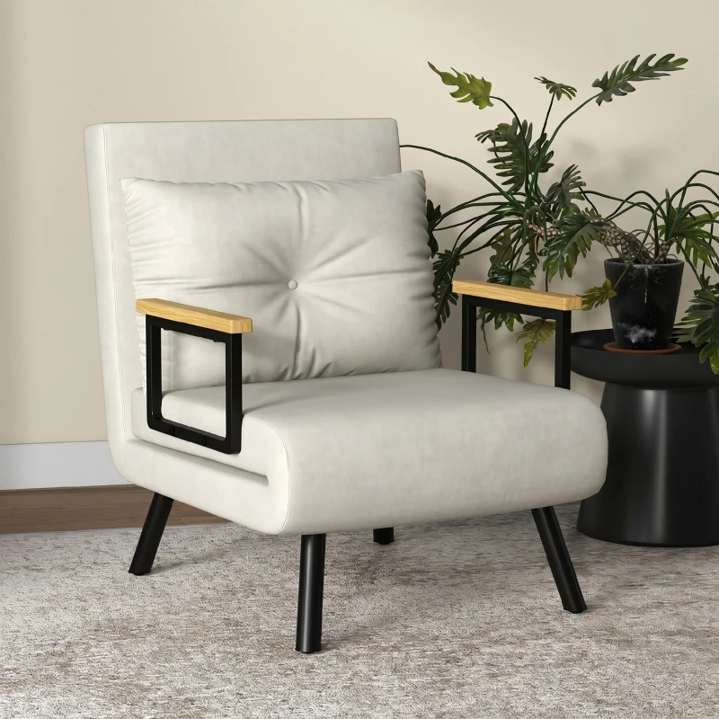 HOMCOM Fotoliu Pat 3 în 1 cu Spătar Reglabil și Pernă, din Material cu Efect de Catifea, 63x73x81 cm, Crem(m-7)