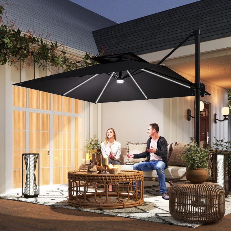 Outsunny 2.5m Cantilever Parasol with Solar Powered LED Lights, 360° Rotation, Tilt Adjustment, Crank Handle, Dark Grey