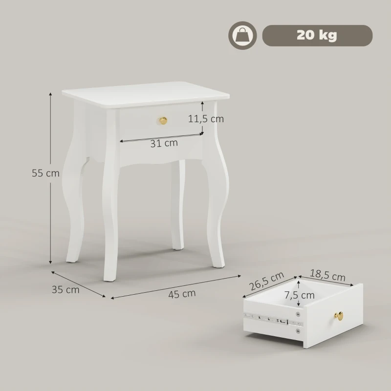 HOMCOM Tavolino da Salotto con Cassetto in Stile Francese con Gambe Curve, 45x35x55 cm, Bianco