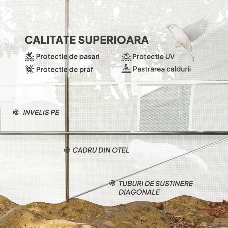 Outsunny Seră Tip Tunel 8x3x2 m cu Înveliș din Plastic și Oțel Ranforsat, Alb