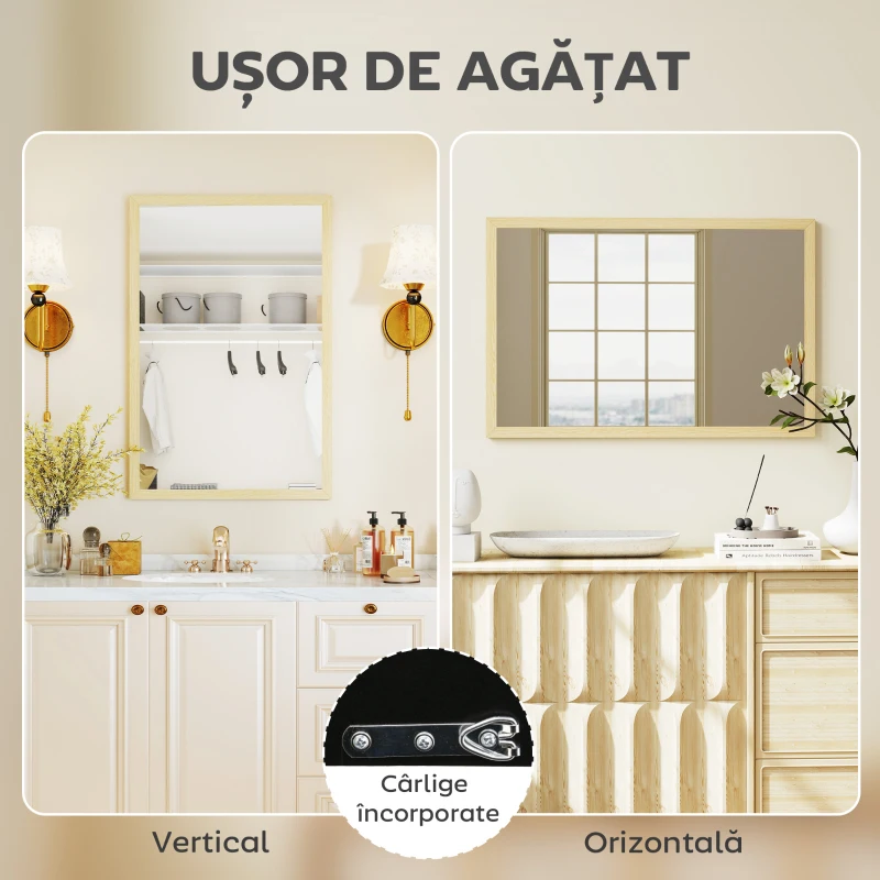 HOMCOM Oglindă de perete din sticlă și MDF, 40x60 cm, Culoare Lemn