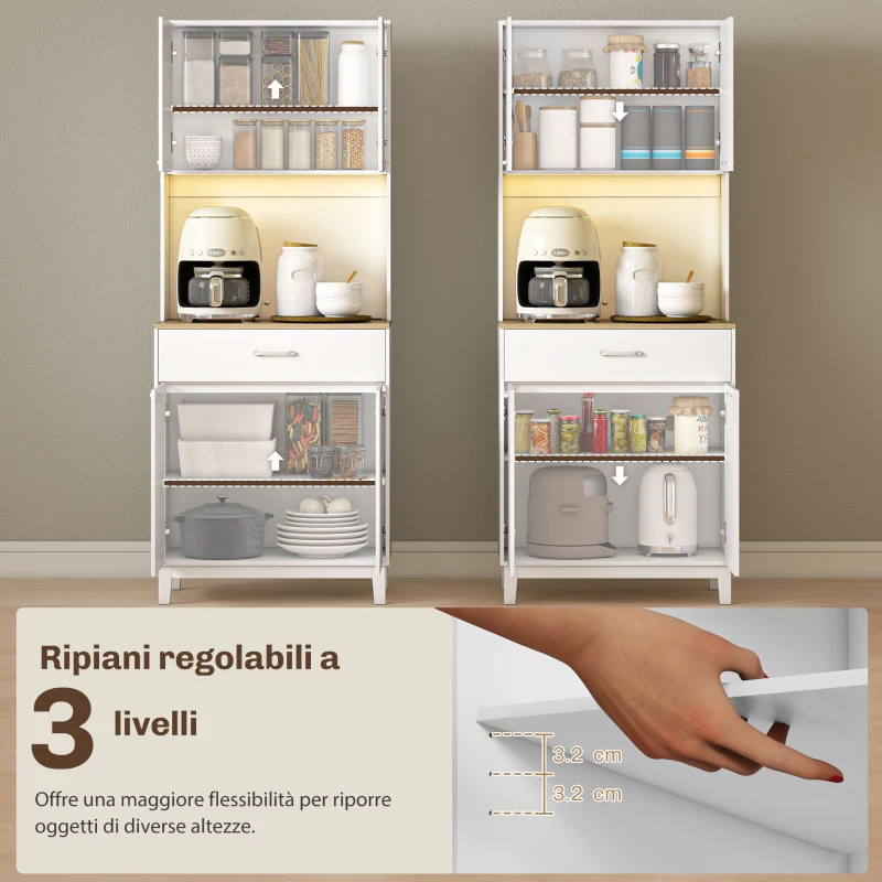 HOMCOM Credenza Moderna con Luci LED, Prese Elettriche e USB, 2 Armadietti e Cassetto, 71x40x180 cm, Bianco