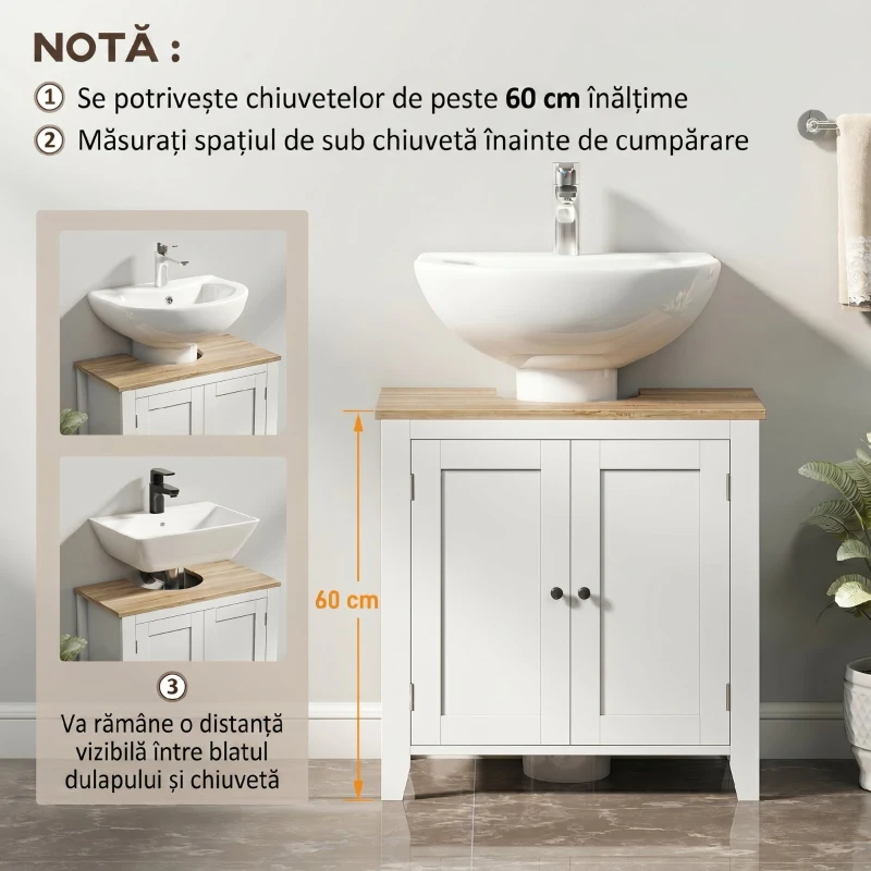 kleankin Dulap sub Chiuvetă Baie în formă de U cu Raft Reglabil la Interior, din MDF, 60x30x60 cm, Alb și Lemn Natur(m-5)