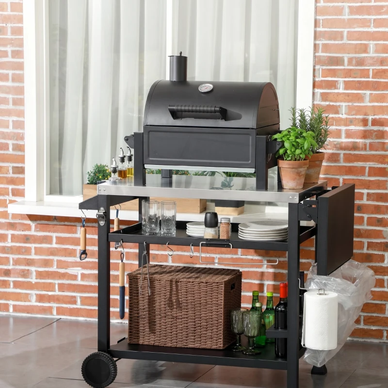 Outsunny Cărucior pentru grătar cu masă pliabilă din oțel inoxidabil, 2 roți și accesorii, 125x65x84 cm, negru