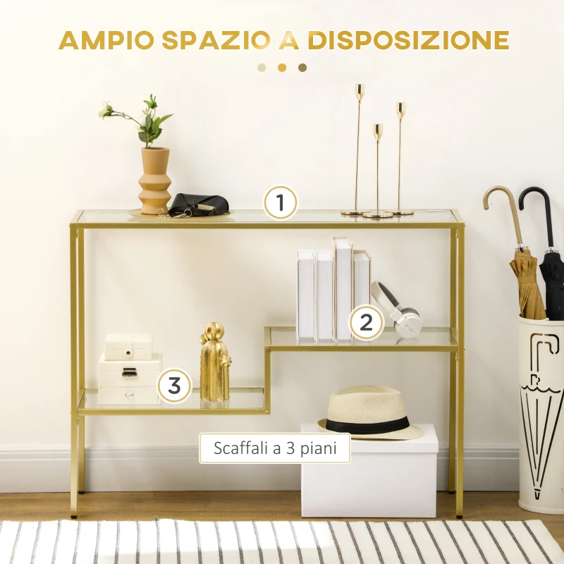HOMCOM Consolle da Ingresso a 3 Ripiani in Acciaio e Vetro Temperato, 100x32x76 cm, Oro