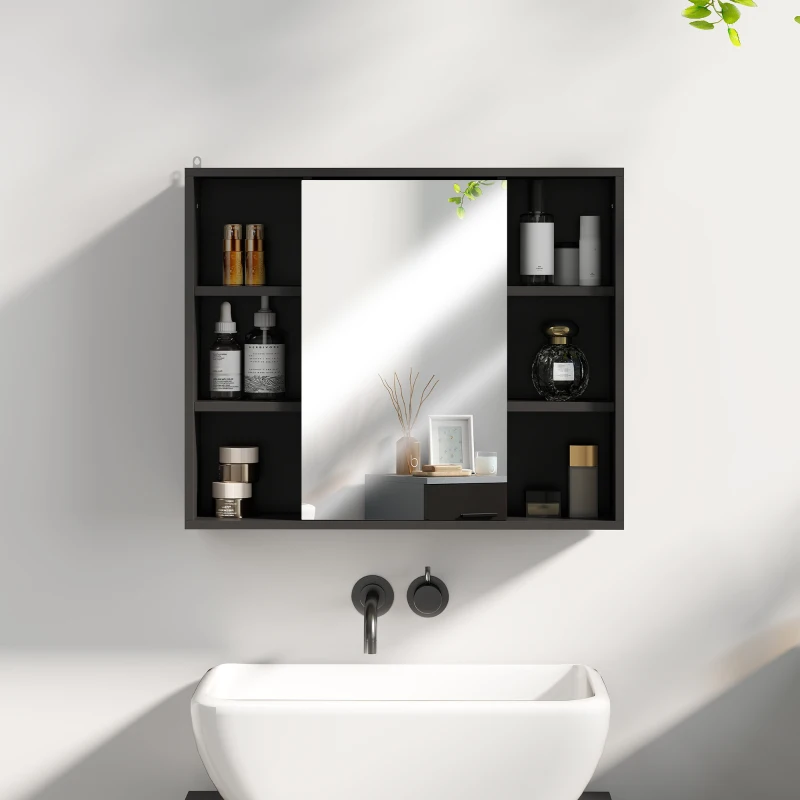HOMCOM Dulap cu Oglindă pentru Baie, 3 Rafturi Laterale, Raft Reglabil, MDF și PAL, 60x14,5x49,4 cm, Negru și Lemn Natur