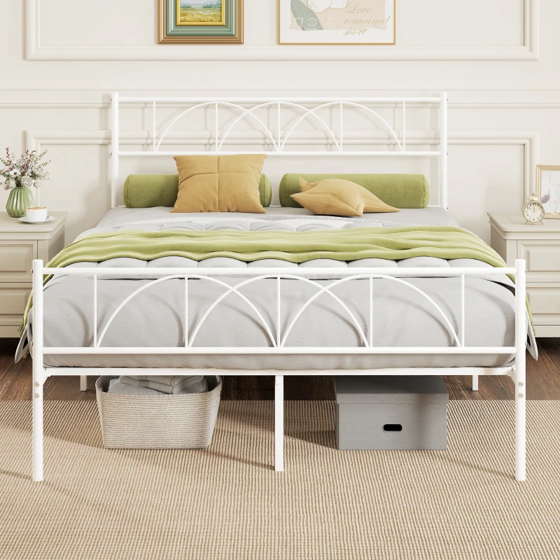 HOMCOM Cama de Casal com Cabeceira de Ripas de Aço e Espaço de Arrumação Debaixo da Cama Carga 330 kg 141,5x198x98 cm Branca